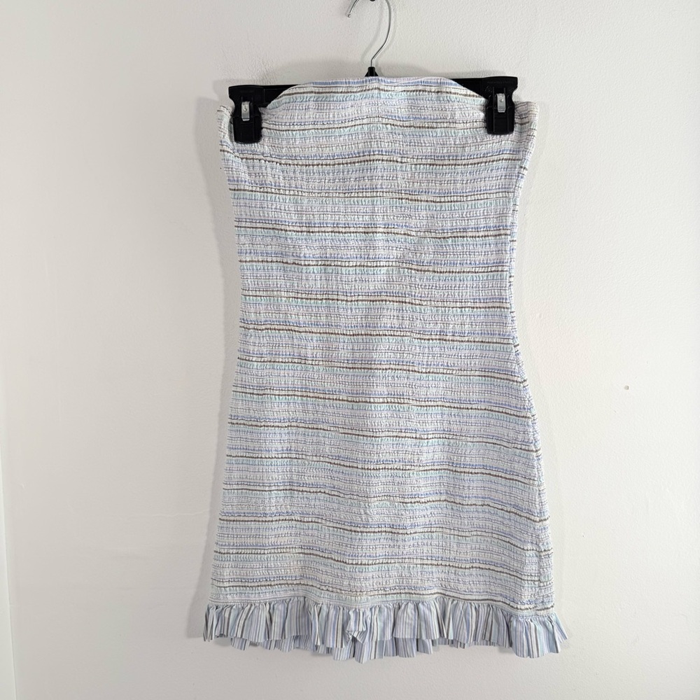 Storia Blue Green Brown Micro Stripe Smocked Strapless Ruffle Mini Dress Medium